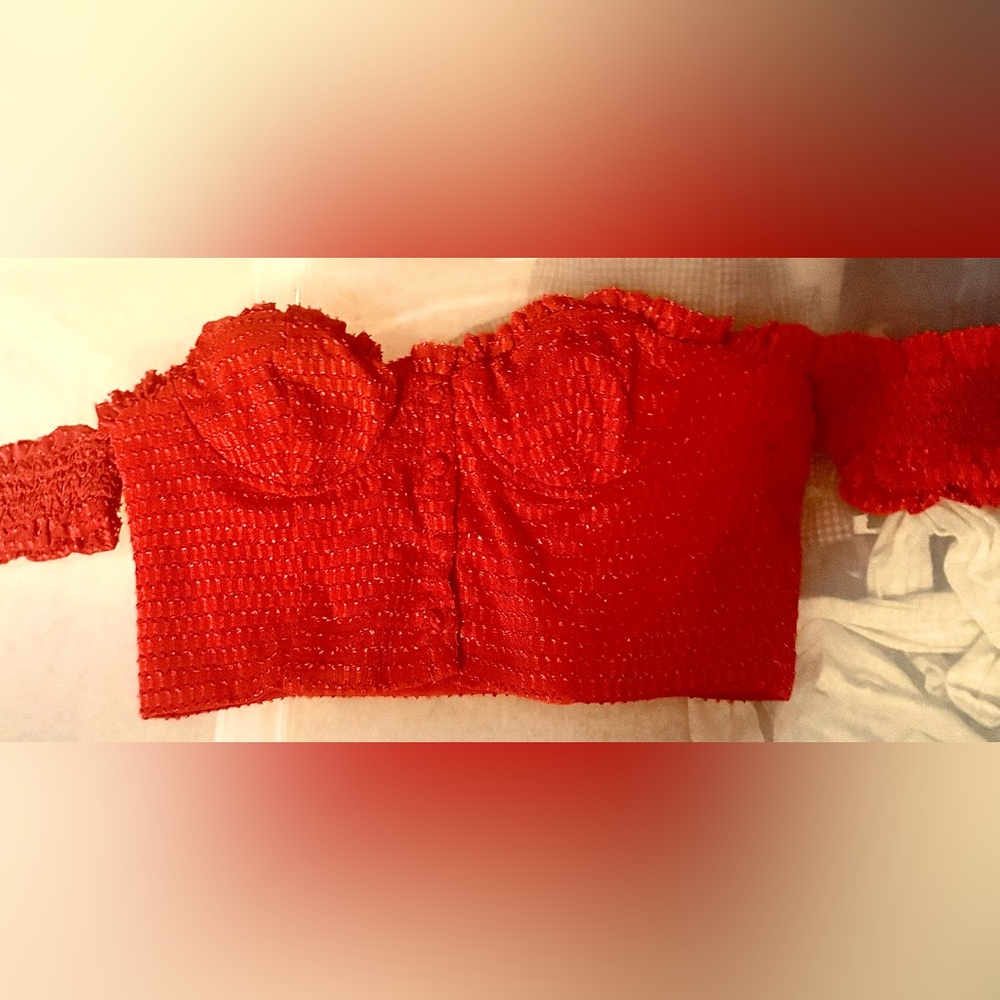 House of Harlow 1960 Red Off-Shoulder Smocked Bustier Crop Top